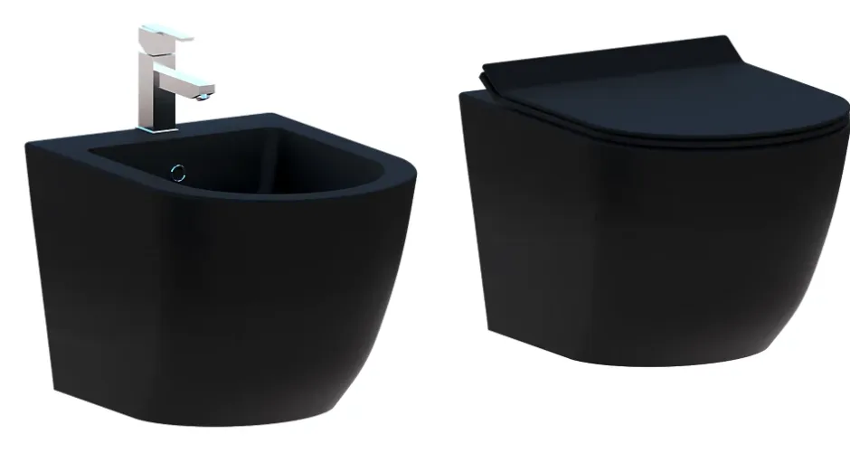 Laneri Couple de sanitaires suspendu Rimless sans bride, gamme New Bent de couleur noire mat avec abattant soft-close inclus