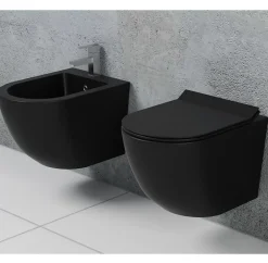 Laneri Couple de sanitaires suspendu Rimless sans bride, gamme New Bent de couleur noire mat avec abattant soft-close inclus