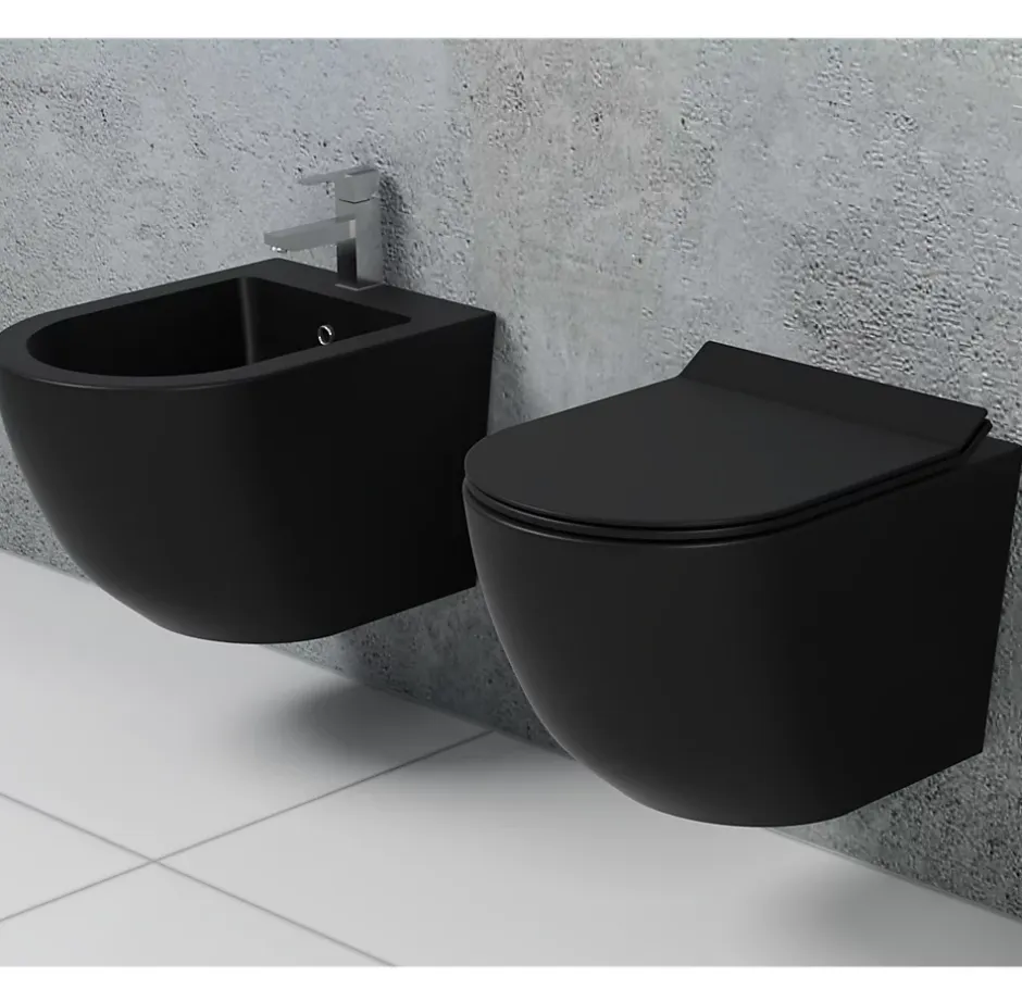 Laneri Couple de sanitaires suspendu Rimless sans bride, gamme New Bent de couleur noire mat avec abattant soft-close inclus