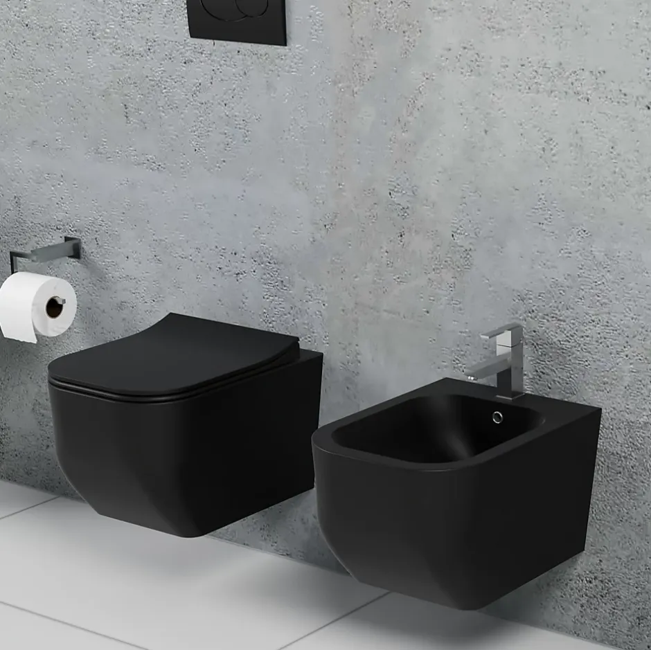 Laneri Couple de sanitaires suspendu Rimless sans bride, gamme New Edge de couleur noire mat avec abattant soft-close inclus* Wc À Poser