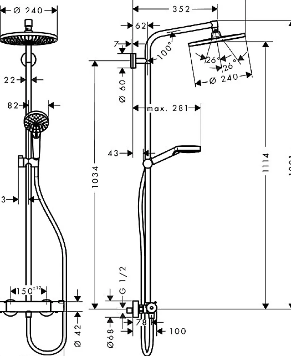 Hansgrohe Crometta S 240 Colonne de douche 1 jet, avec Mitigeur thermostatique, Chrome* Colonne De Douche Thermostatique