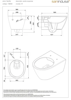 Sanindusa Cuvette de WC céramique traditionnelle suspendue système d'hygiène sans bride Rimflush 56 Sanlife blanc mate texturé* Wc Suspendu