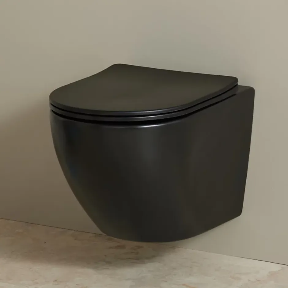 Planète Bain Cuvette WC suspendu gain de place 49 cm sans bride noir mat - Corolla* Wc Suspendu