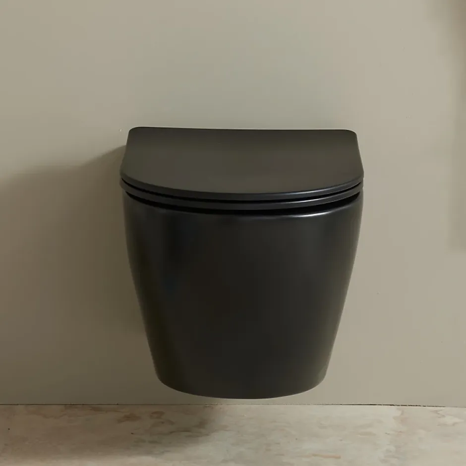 Planète Bain Cuvette WC suspendu gain de place 49 cm sans bride noir mat - Corolla* Wc Suspendu
