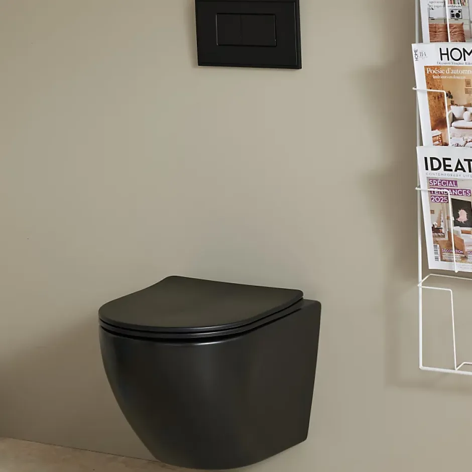 Planète Bain Cuvette WC suspendu gain de place 49 cm sans bride noir mat - Corolla* Wc Suspendu