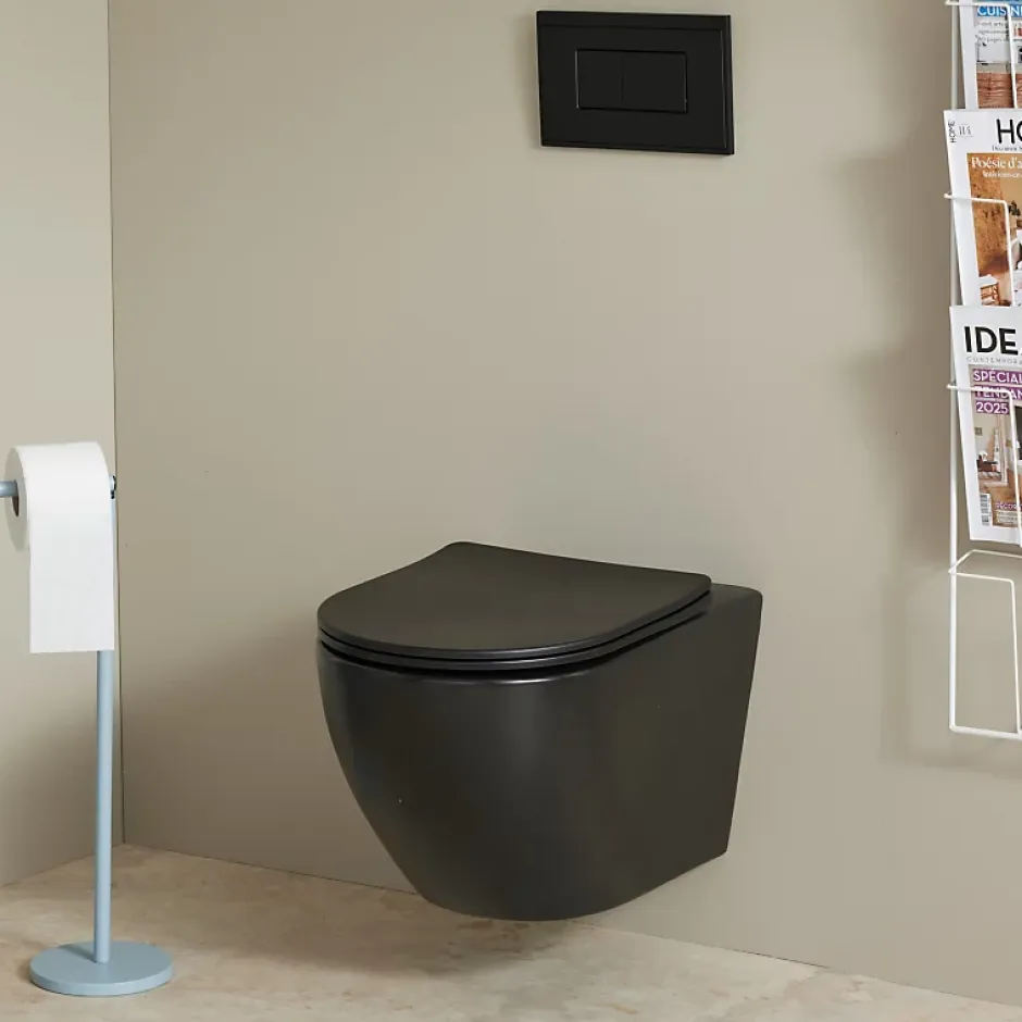 Planète Bain Cuvette WC suspendu noir mat 54 cm sans bride fixations invisibles - Cyrus