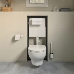 GoodHome Cuvette WC suspendue sans bride avec abattant déclipsable et frein de chute, sortie horizontale, blanc, effet Vortex, Cavally