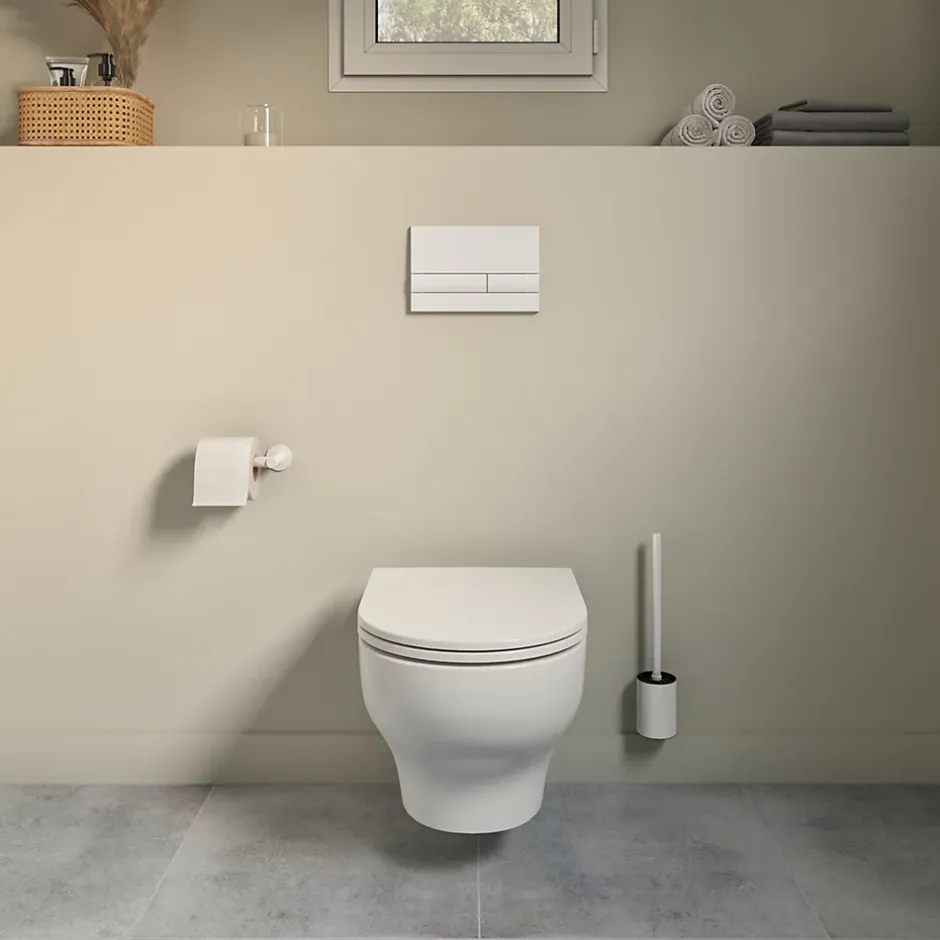 GoodHome Cuvette WC suspendue sans bride avec abattant déclipsable et frein de chute, sortie horizontale, blanc, effet Vortex, Cavally