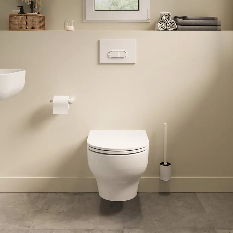 GoodHome Cuvette WC suspendue sans bride avec abattant déclipsable et frein de chute, sortie horizontale, blanc, effet Vortex, Cavally