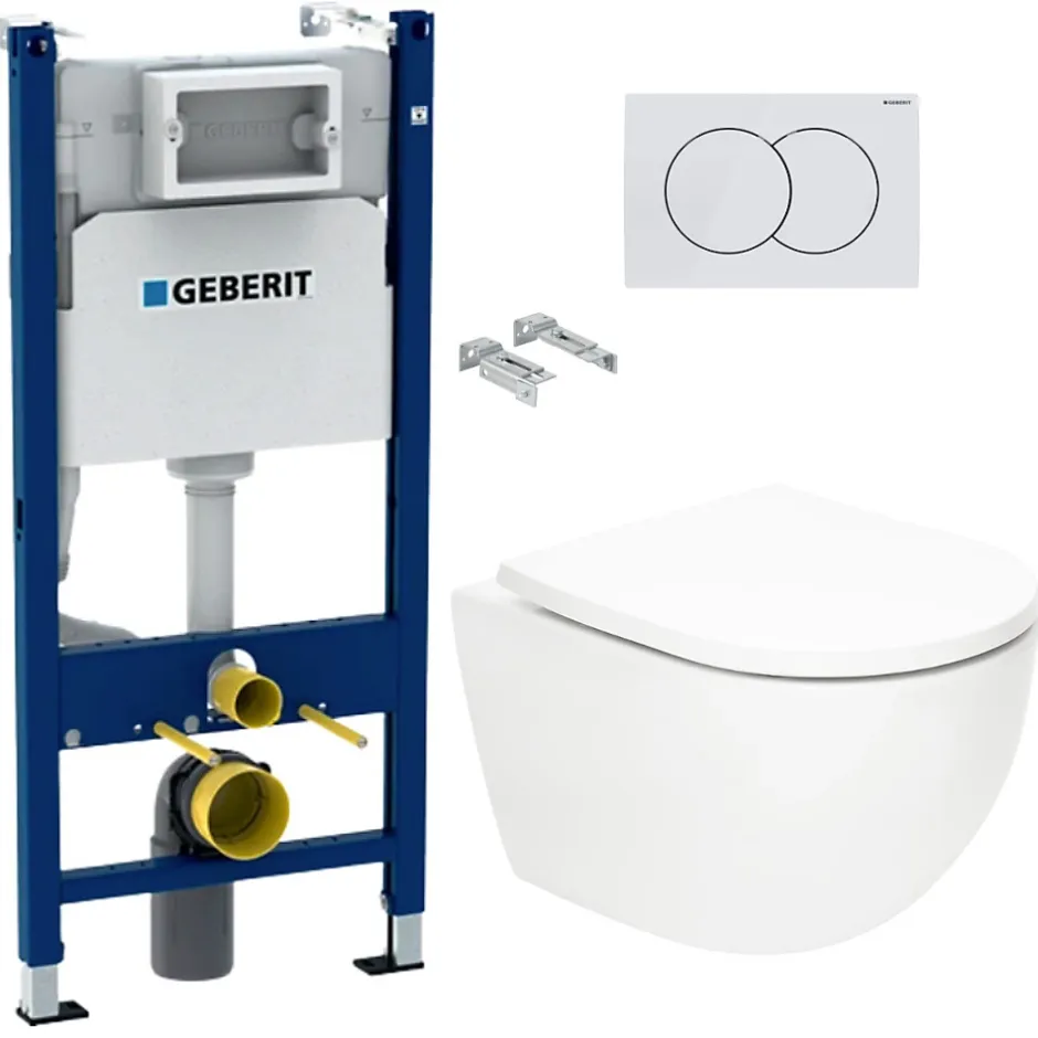 Geberit Delta Pack WC Bâti support Duofix 112 cm + WC SAT Tornado sans bride + Abattant SoftClose + Plaque blanche (TORNADOGEB3)