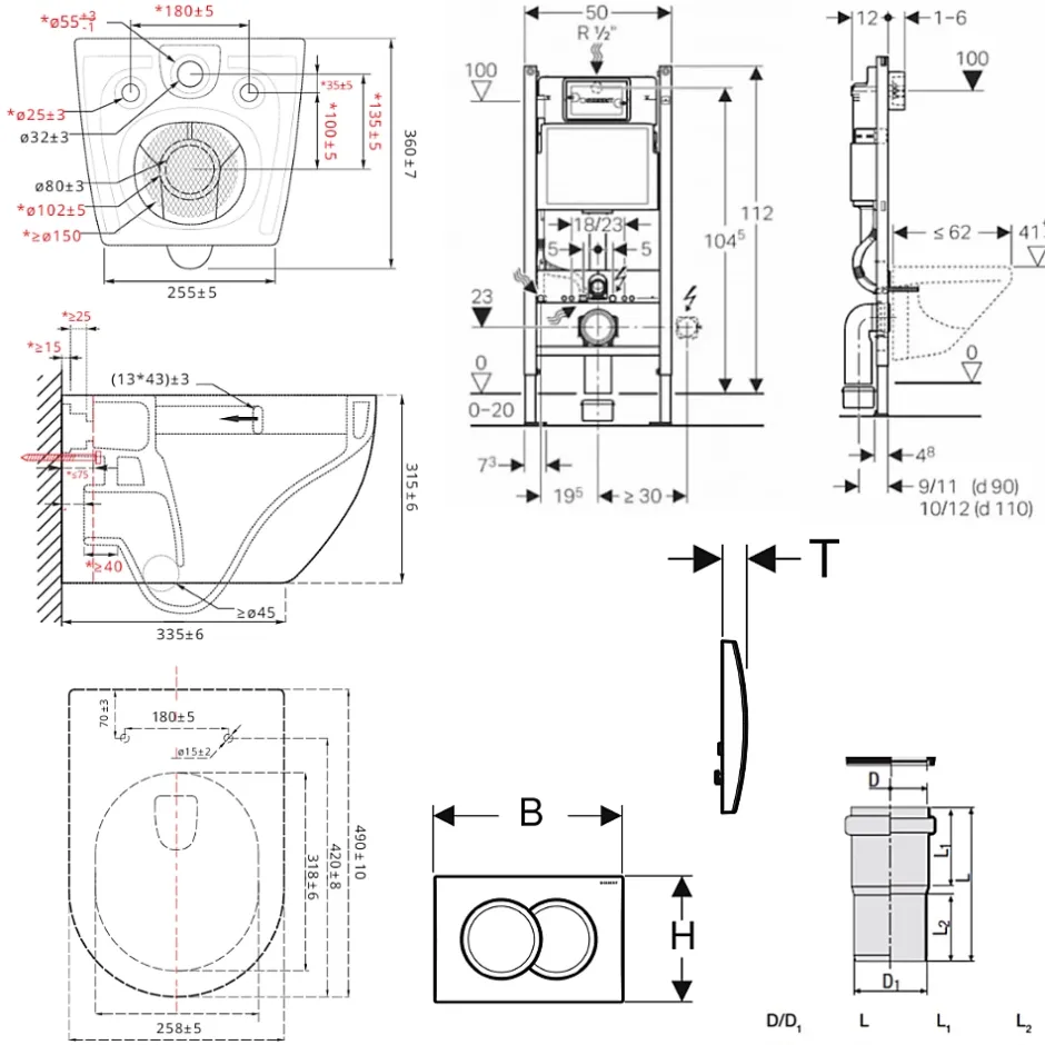 Geberit Delta Pack WC Bâti support Duofix 112 cm + WC SAT Tornado sans bride + Abattant SoftClose + Plaque blanche (TORNADOGEB3)