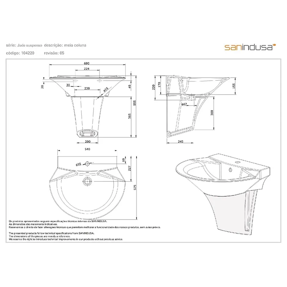 Sanindusa Demi colonne de lavabo Jade céramique traditionnelle blanc