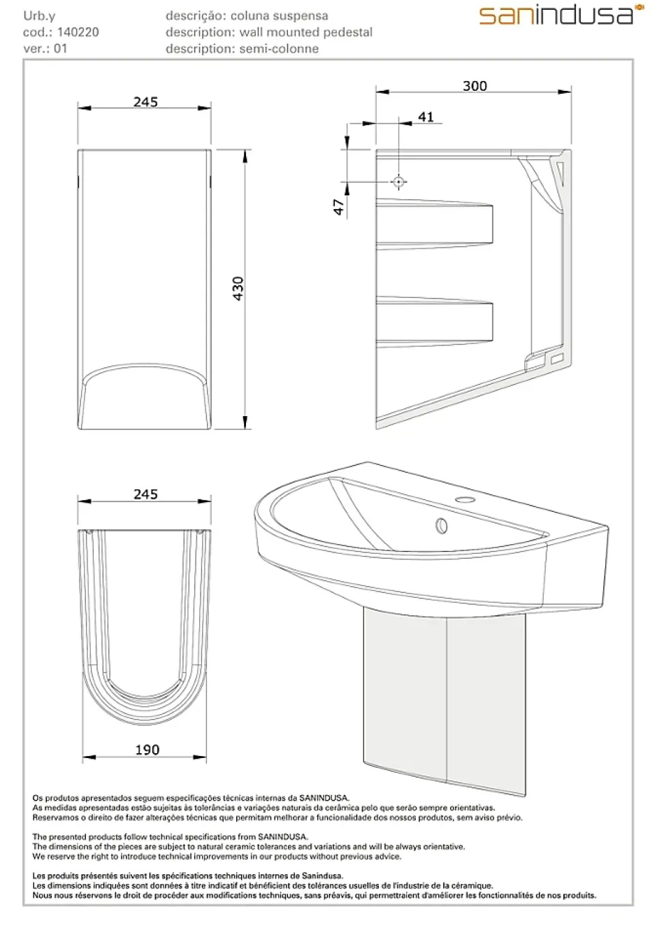 Sanindusa Demi Colonne pour lavabo UrbY blanche compatible avec lavabo UrbY