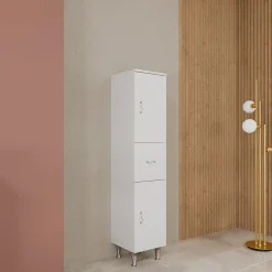 Kiamami Valentina Demi-Colonne Au Sol Avec 2 Portes Et 1 Tiroir Blanc Brillant Avec Ouverture De La Série Easy.* Colonne De Salle De Bains