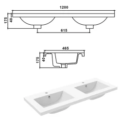 AICA Sanitaire Double lavabo blanc 120x46.5x17.5 cm, Lavabo rectangulaire en marbre artificiel,