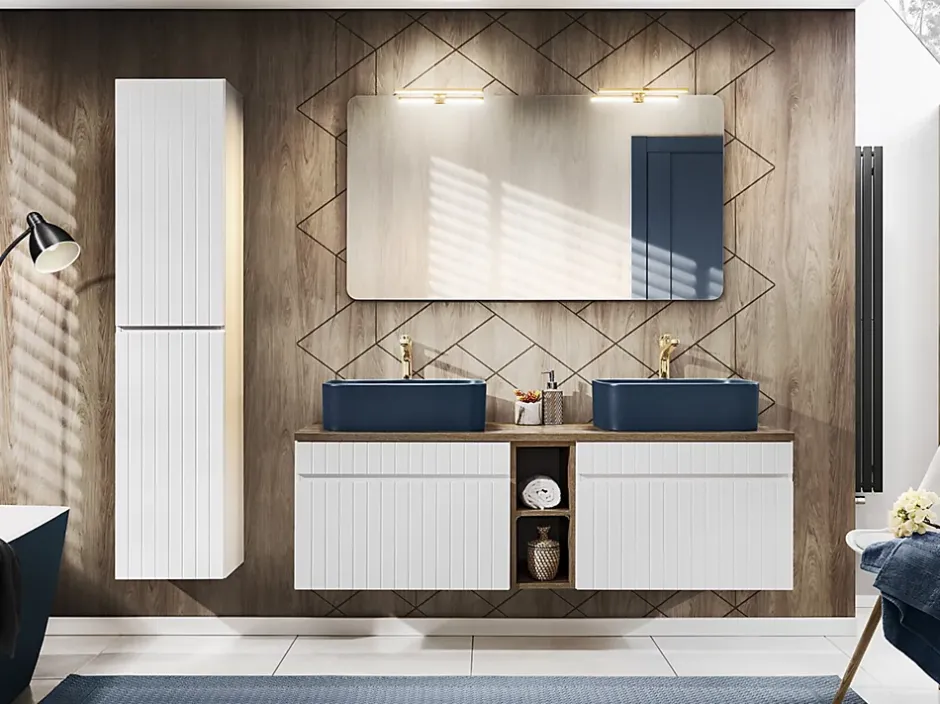 Furnidea Double meuble sous vasque ICONIC blanc 140 cm avec l'etension chêne Santa Fe* Meuble Sous-Vasque