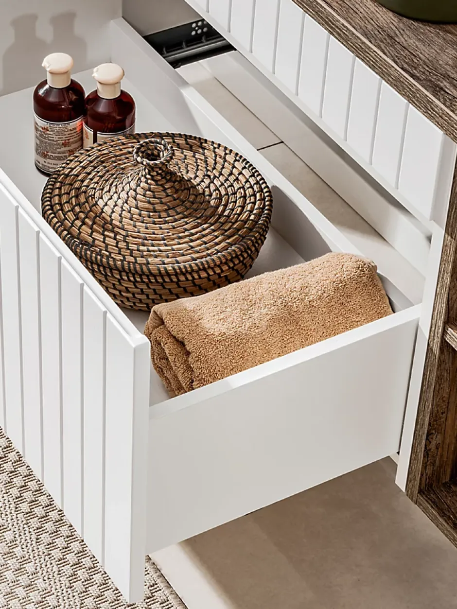 Furnidea Double meuble sous vasque ICONIC blanc 140 cm avec l'etension chêne Santa Fe* Meuble Sous-Vasque