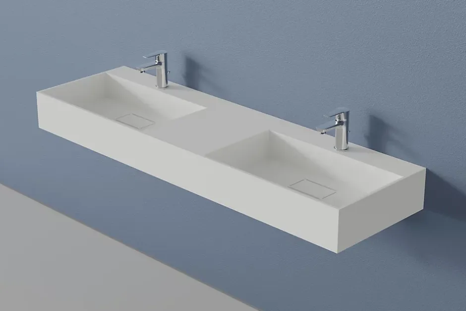 Bernstein Double vasque murale 153x45x15cm en fonte minérale - blanc mat - TWG231* Lavabo