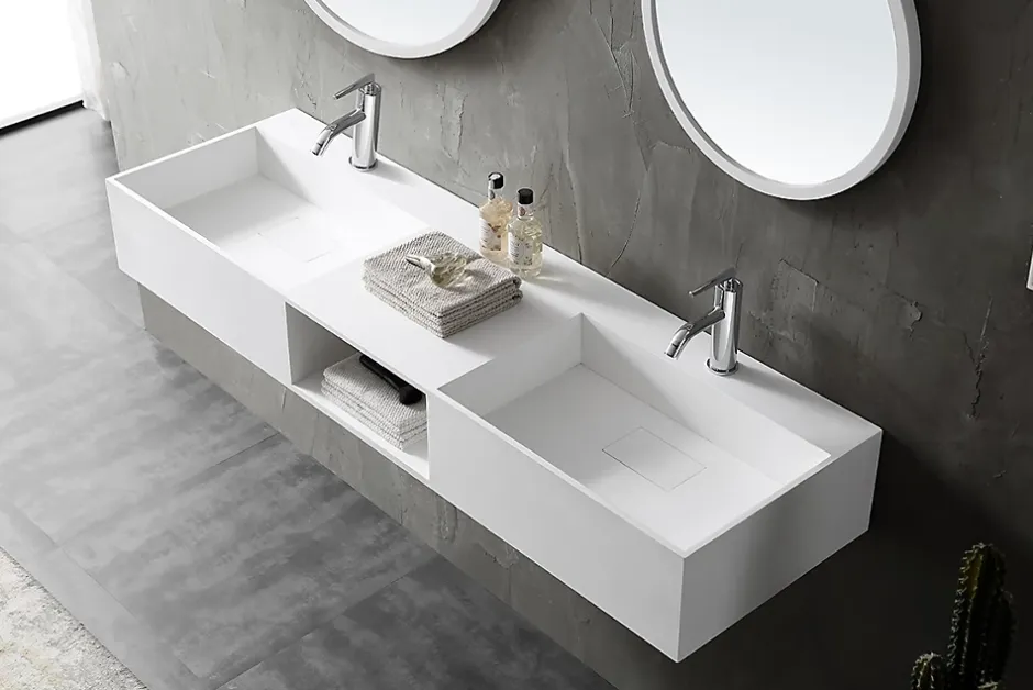 Bernstein Double vasque murale 150x45x20cm en fonte minérale - blanc mat - TWG235
