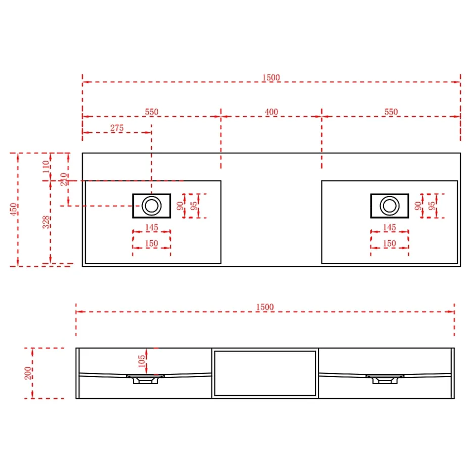Bernstein Double vasque murale 150x45x20cm en fonte minérale - blanc mat - TWG235