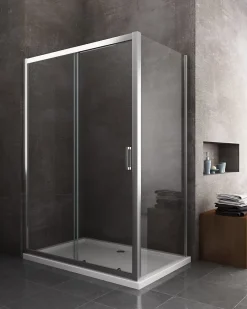 Laneri Douche de 6 mm avec un paroi fixe laterale et une porte coulissante - 77,5-80 fixe x 125-130 coulissante