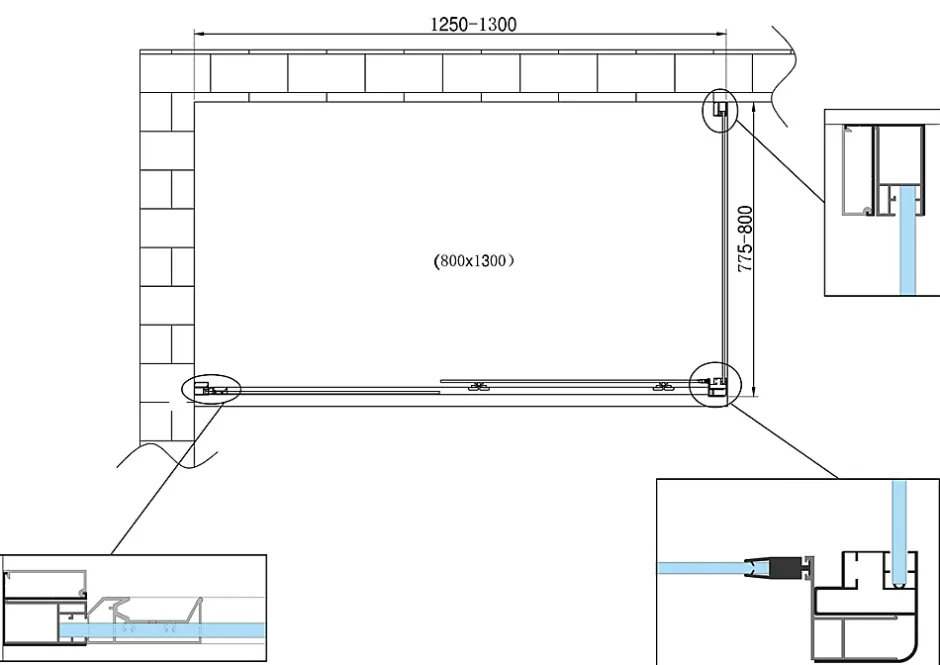 Laneri Douche de 6 mm avec un paroi fixe laterale et une porte coulissante - 77,5-80 fixe x 125-130 coulissante