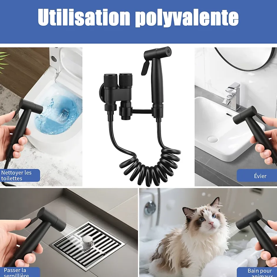 ProximaX Douchette de bidet pour toilettes en acier inoxydable, 1-en-2 sorties, double commande, robinet et tuyau, pour toilettes, animaux