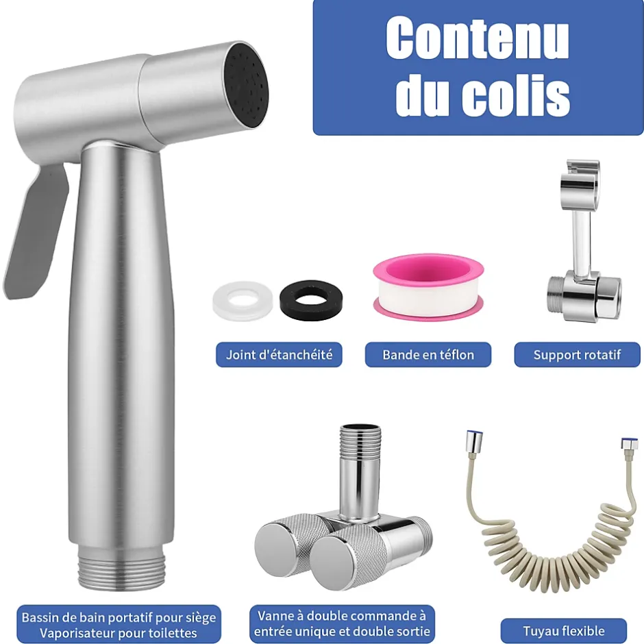 ProximaX Douchette de bidet pour toilettes, 1-en-2 sorties, double commande, robinet et tuyau, animaux et nettoyage salle de bain, Argent* Robinet De Bidet