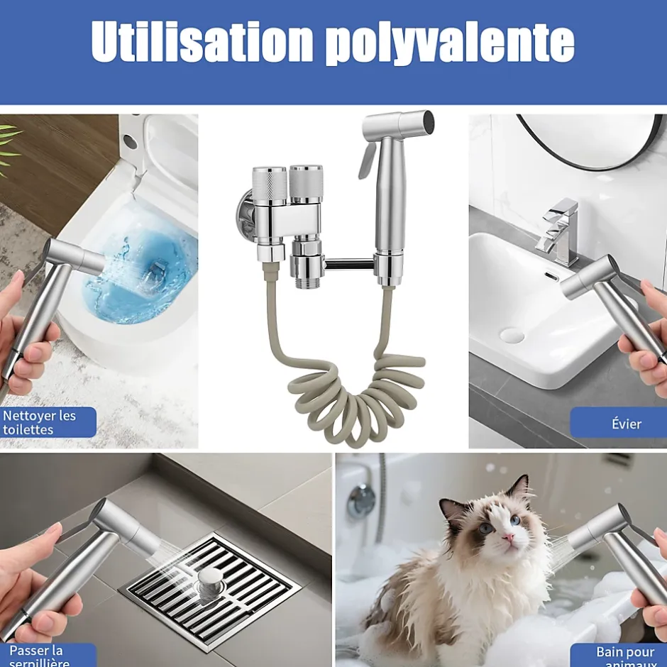 ProximaX Douchette de bidet pour toilettes, 1-en-2 sorties, double commande, robinet et tuyau, animaux et nettoyage salle de bain, Argent* Robinet De Bidet