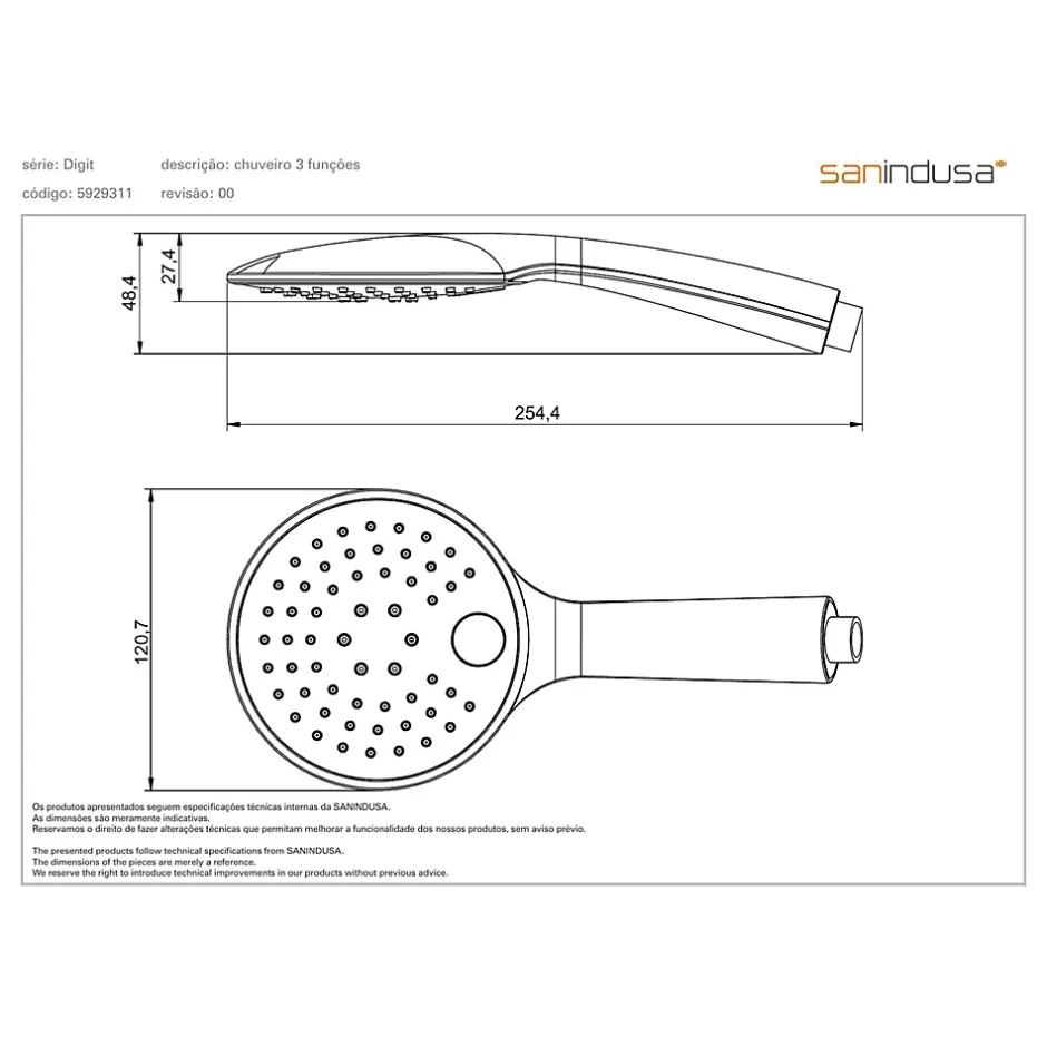 Sanindusa Douchette ronde 3 jets effet pluie effet pluie intense et effet massage sorties d'eau anti-calcaire Digit 105 chromé