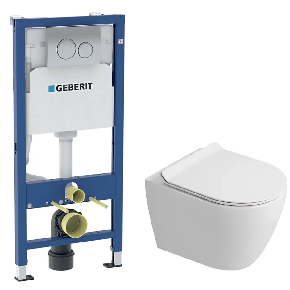 Geberit Duofix Pack WC bâti-support 112 cm + WC suspendu sans bride Ceramia avec abattant SoftClose + plaque chrome (GEBCEPXWT03-FR)