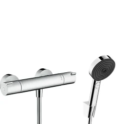 Hansgrohe Ecostat Set Mitigeur thermostatique douche + Douchette à main XXL 105mm 3 jets + Flexible de douche 125cm, support mural, Chrome