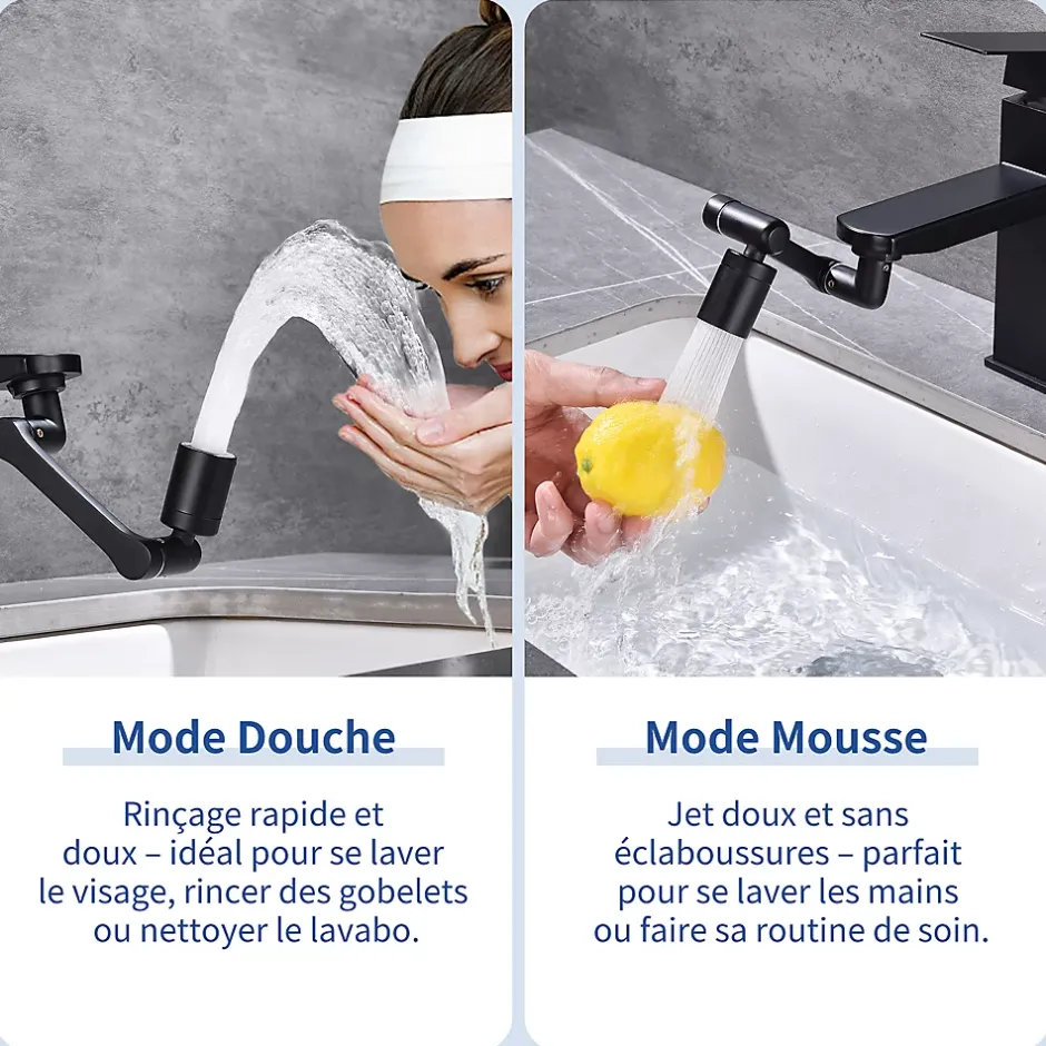 Homelody Embout Robinet Pivotant 1440 Mousseur Robinet 2 Jets avec Adaptateur 20/22/24 mm pour Cuisine ou Salle de Bain