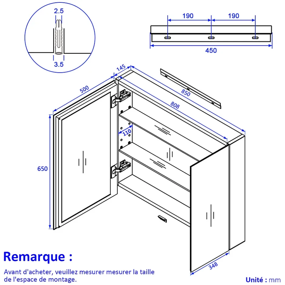 EMKE Armoire de toilette murale avec miroir double face - 85x65 cm- Noir mat - Fermeture douce - Tablettes en verre réglables
