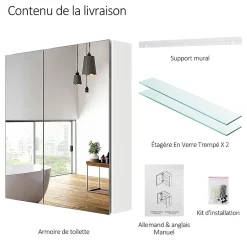 EMKE Armoire de toilette murale - Miroir double face, blanc mat - 60 x 65 cm - Fermeture douce - Tablettes en verre réglables* Armoire De Toilette