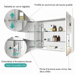 EMKE Armoire de toilette murale avec miroir double face - 85x65 cm - Blanc mat - Fermeture douce - Tablettes en verre ajustables* Armoire De Toilette