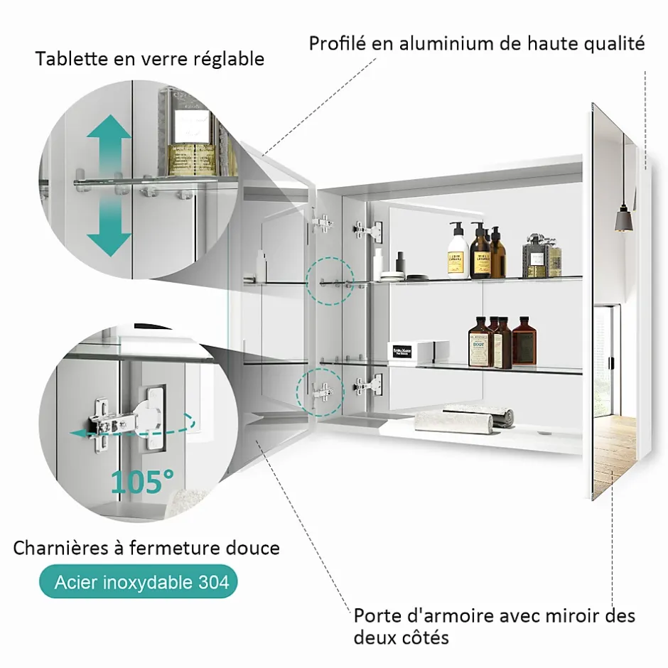 EMKE Armoire de toilette murale avec miroir double face - 85x65 cm - Blanc mat - Fermeture douce - Tablettes en verre ajustables* Armoire De Toilette