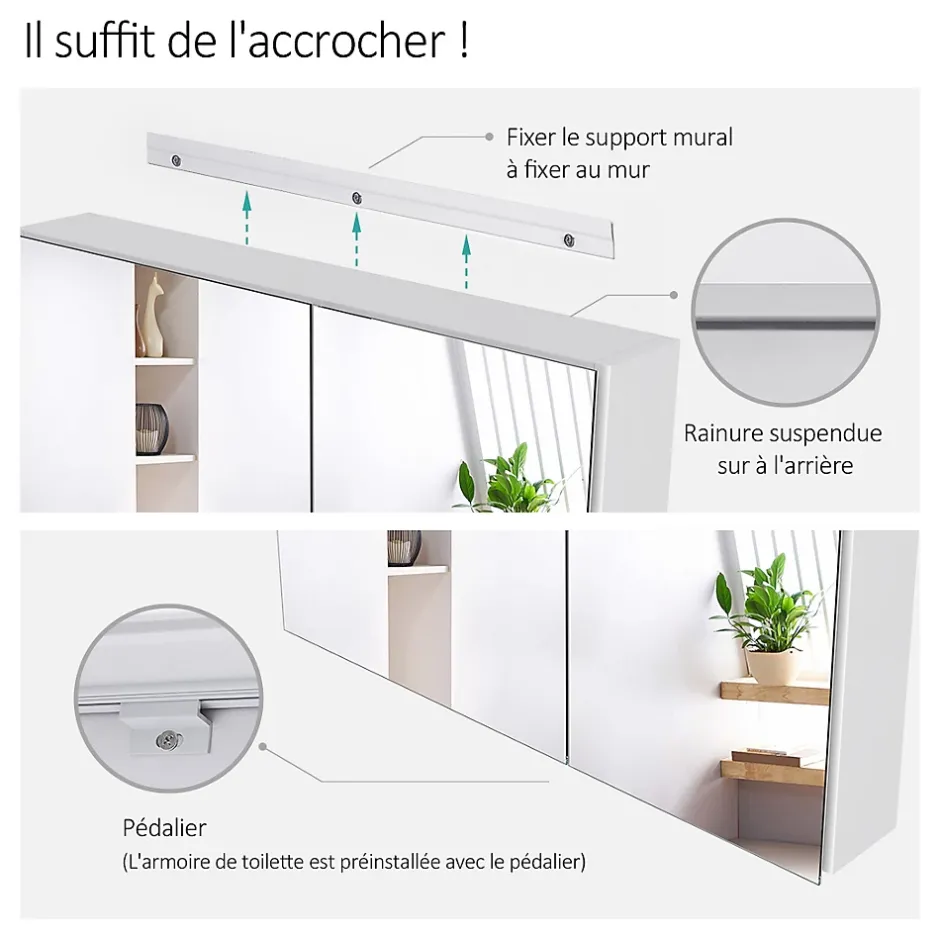 EMKE Armoire de toilette murale avec miroir double face - 85x65 cm - Blanc mat - Fermeture douce - Tablettes en verre ajustables* Armoire De Toilette