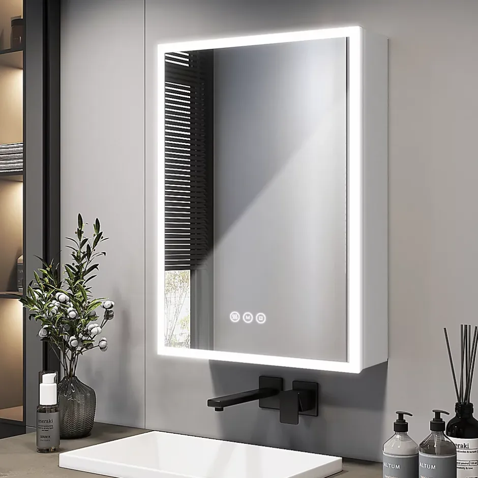 EMKE Armoire de Toilette LED 50x70cm, Miroir Salle de Bains avec Éclairage 3 Couleurs, Anti-Buée, Prise Intégrée