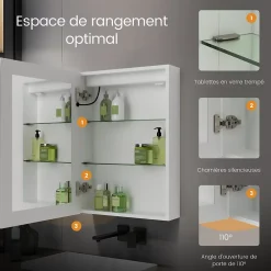 EMKE Armoire de Toilette LED 50x70cm, Miroir Salle de Bains avec Éclairage 3 Couleurs, Anti-Buée, Prise Intégrée