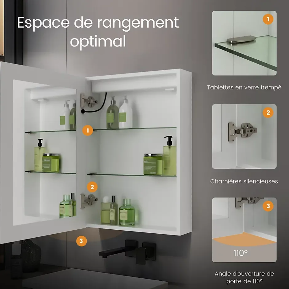 EMKE Armoire de Toilette LED 50x70cm, Miroir Salle de Bains avec Éclairage 3 Couleurs, Anti-Buée, Prise Intégrée