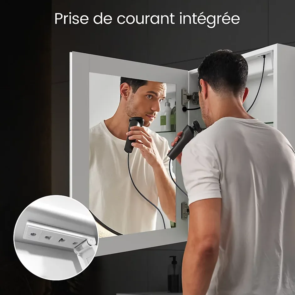 EMKE Armoire de Toilette LED 50x70cm, Miroir Salle de Bains avec Éclairage 3 Couleurs, Anti-Buée, Prise Intégrée