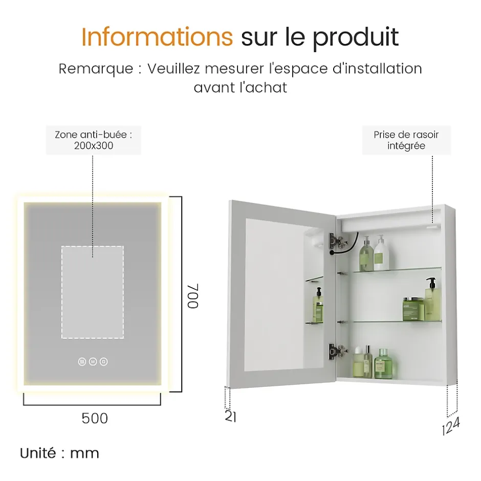EMKE Armoire de Toilette LED 50x70cm, Miroir Salle de Bains avec Éclairage 3 Couleurs, Anti-Buée, Prise Intégrée
