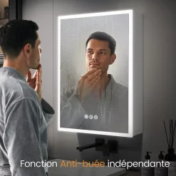 EMKE Armoire de Toilette LED 50x70cm, Miroir Salle de Bains avec Éclairage 3 Couleurs, Anti-Buée, Prise Intégrée