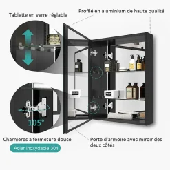 EMKE Armoires de toilette 50x65cm Noir Armoire Salle de Bain en Miroir Double Face* Armoire De Toilette