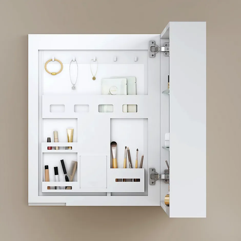 EMKE Armoires de toilette 1 Porte 65x50cm , Porte Miroir avec Rangement intégré, Tablettes en verre réglables, Blanc