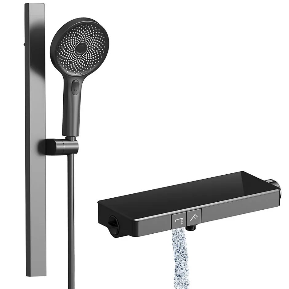 EMKE Colonne de Douche avec douche theramostat à Grande douche de tête et douchette multimode, Cercle, anthracite