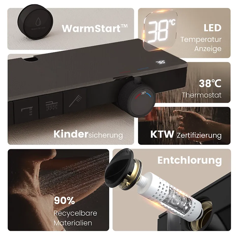 EMKE Colonne de douche avec thermostat Télécommande Douche pluie étagère en verre avec des enfants porte douchette noir