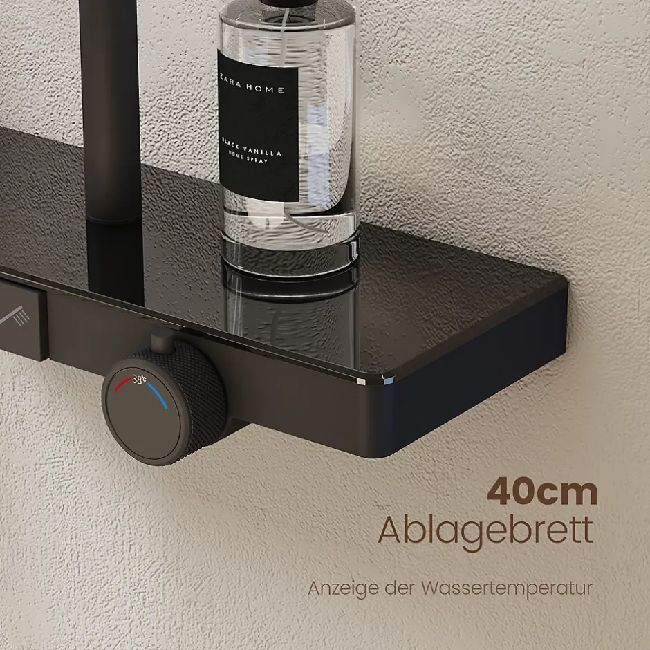 EMKE Colonne de douche avec thermostat Télécommande Douche pluie étagère en verre avec des enfants porte douchette noir