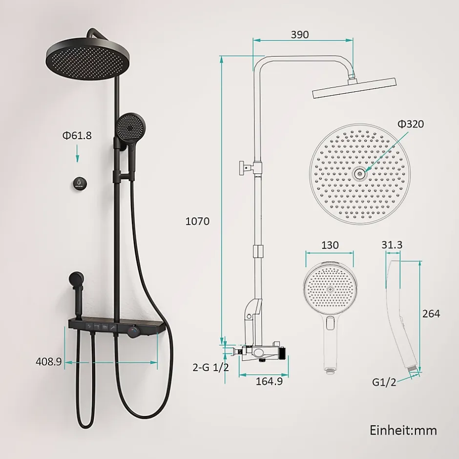 EMKE Colonne de douche avec thermostat Télécommande Douche pluie étagère en verre avec des enfants porte douchette noir